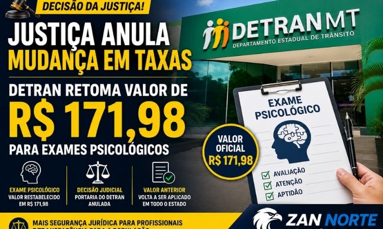 Justiça anula mudança em taxas e Detran-MT retoma valor de R$ 171,98 para exames psicológicos